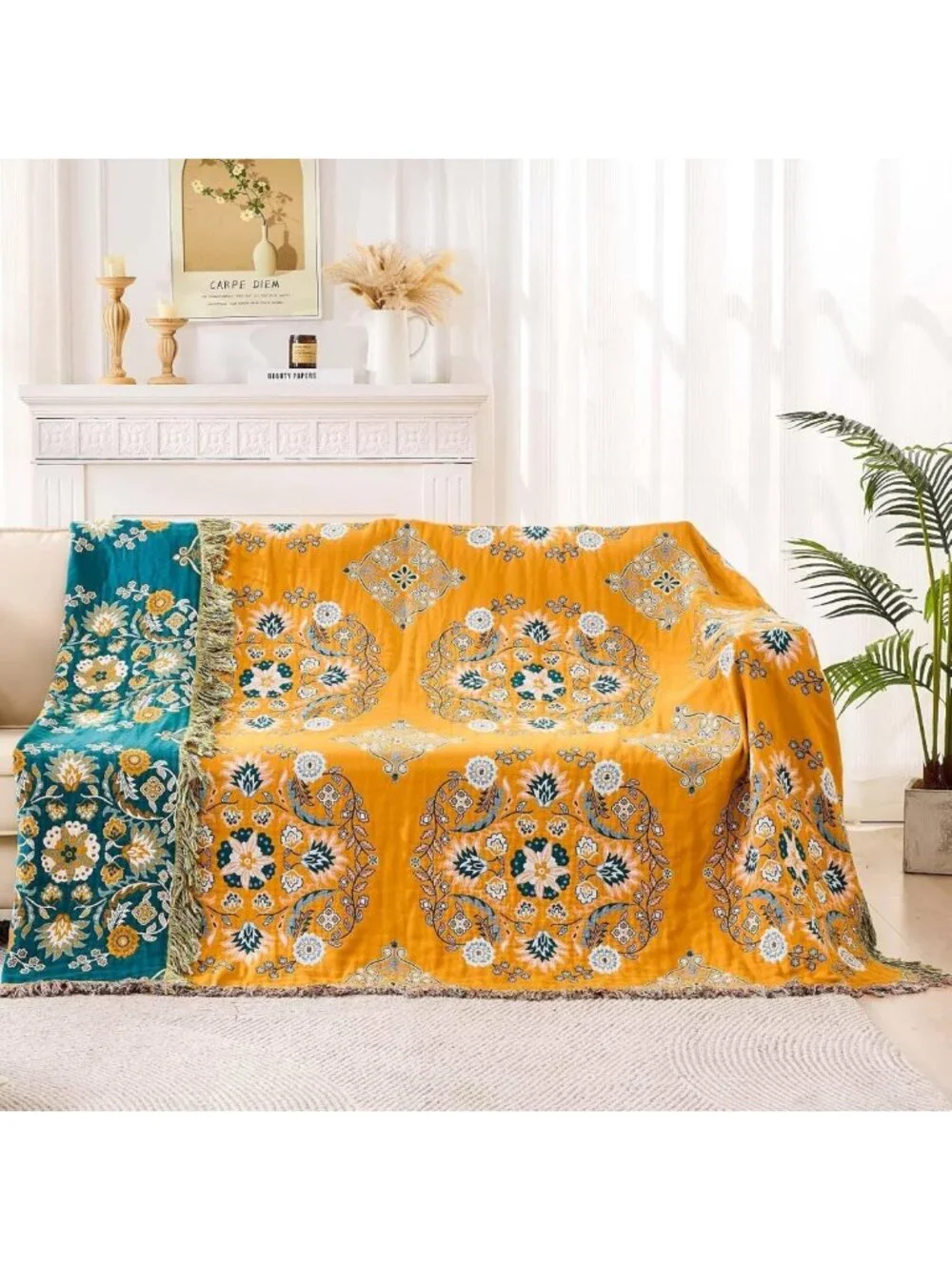 Cozy Boho Throw Blanket - 100% Cotton Ultra Soft Floral Quilt, All Season Decor